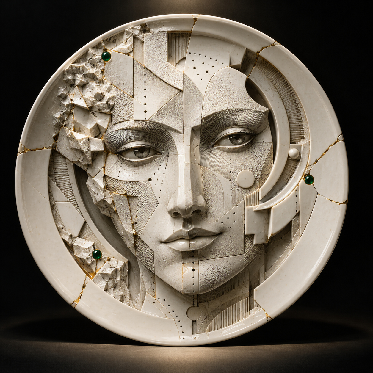 Digital design study of a pale sculptural face with layered architectural relief, fractured edges and fine gold seams.