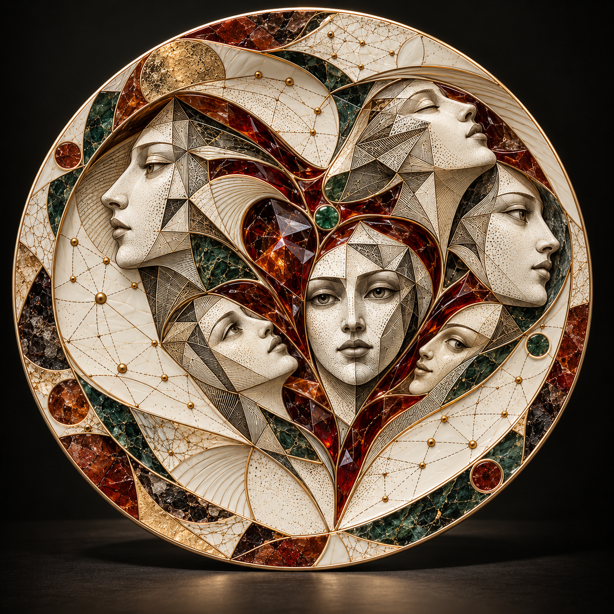 Digital design study of a circular pale and glass-like work with several faceted faces and a red heart-shaped central arrangement.