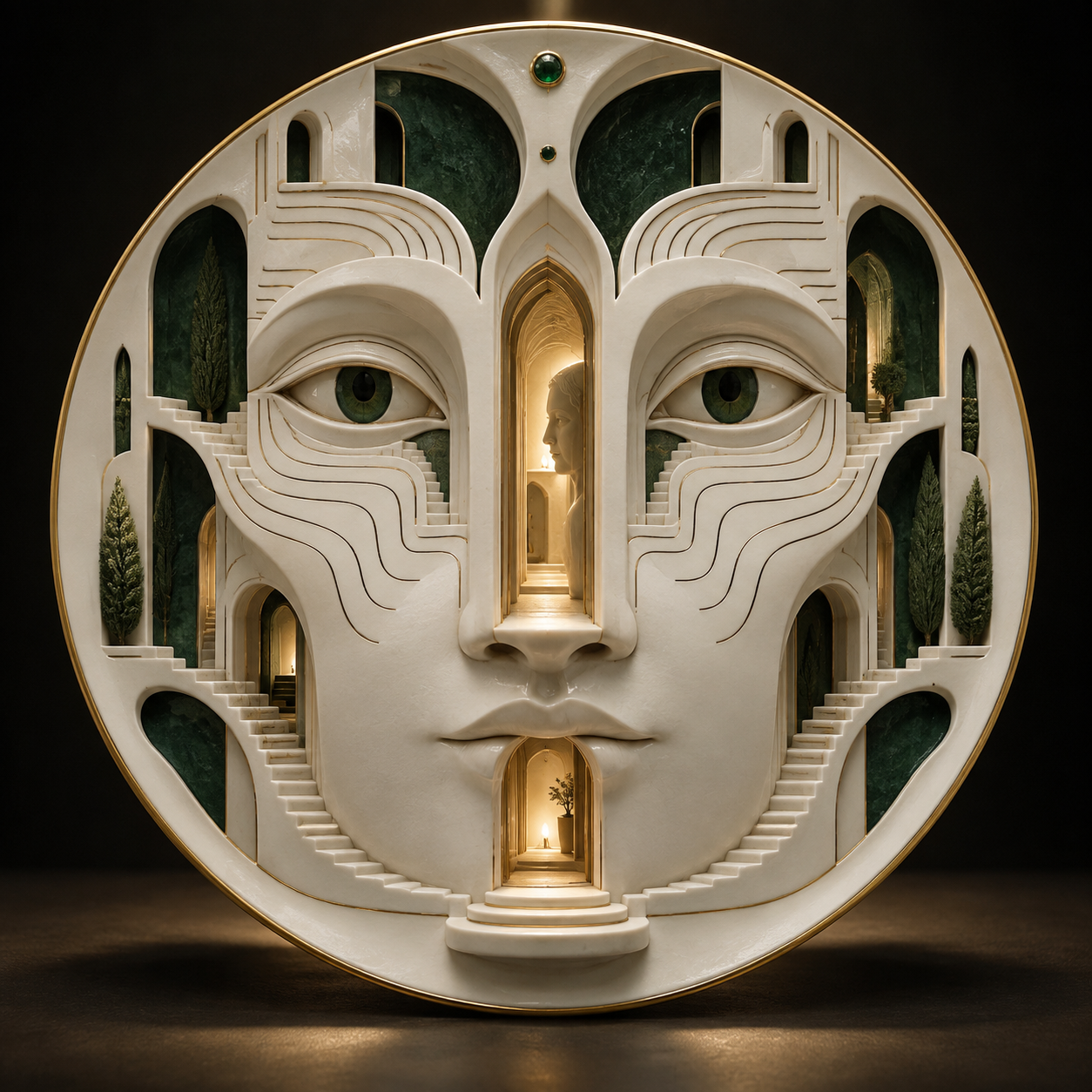 Digital design study of a circular face formed from stairs and arches, with illuminated alcoves and dark green insets.