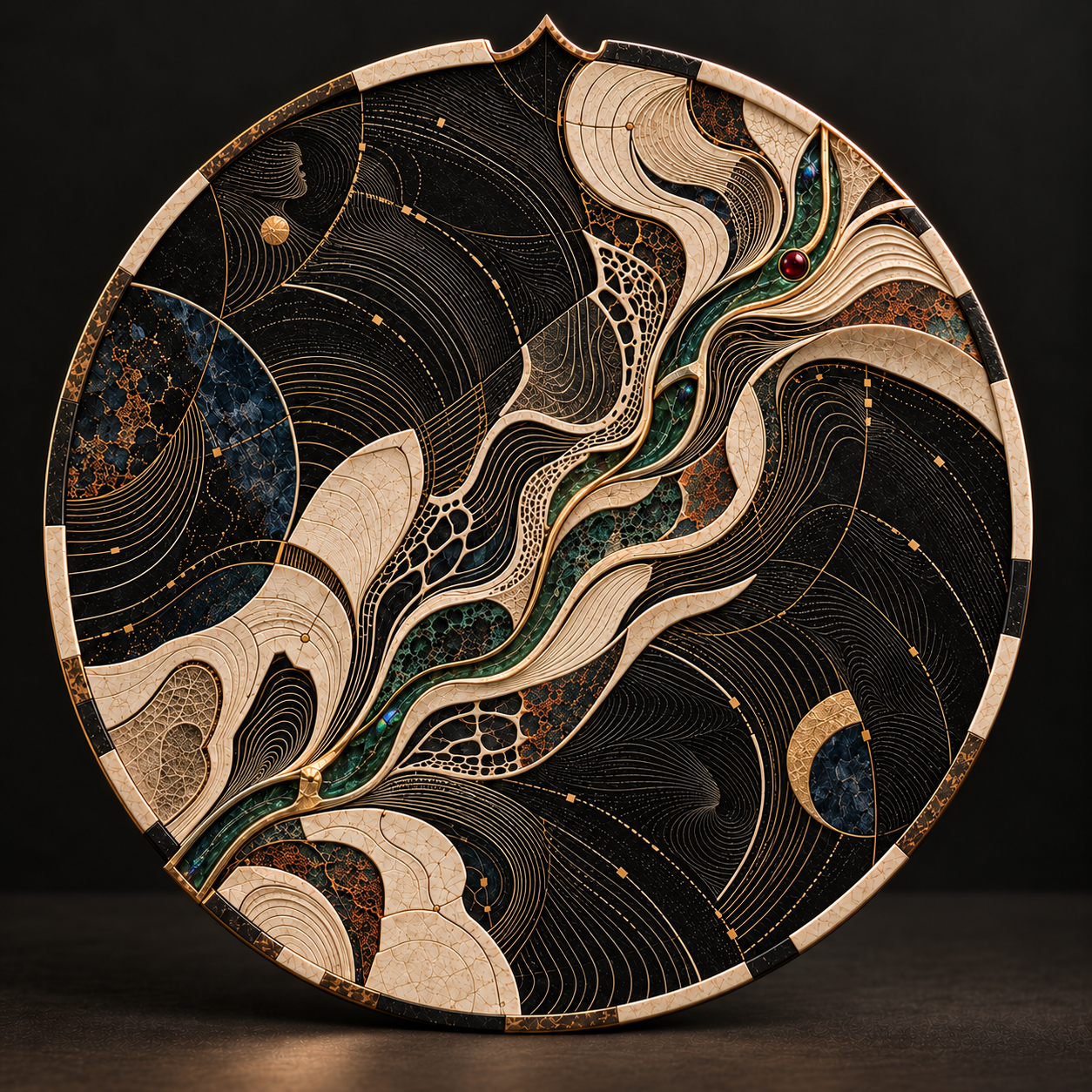 Digital design study with flowing topographic lines, black, ivory and forest green fields, gold details and a small notched rim.