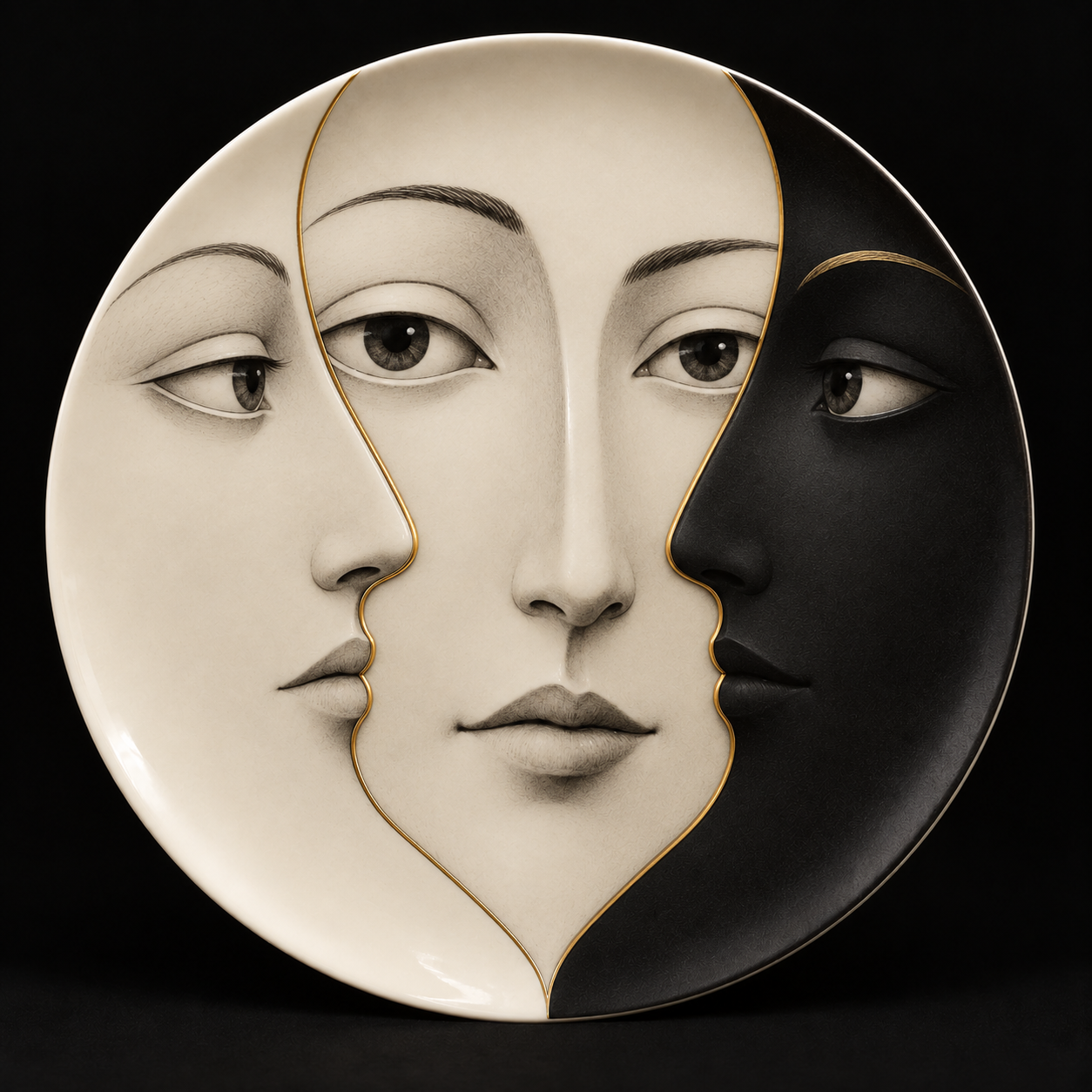 Digital design study of a circular ivory and black face with two side profiles formed by shared contours and fine gold seams.