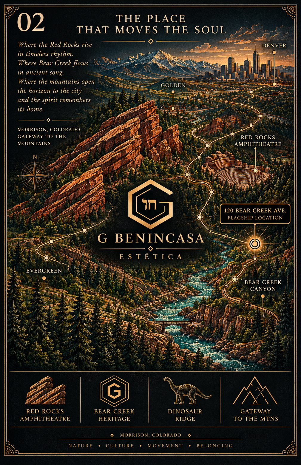 Complete illustrated Morrison landscape poster titled The Place That Moves the Soul, with a skyline, Red Rocks, Bear Creek and a First House callout.
