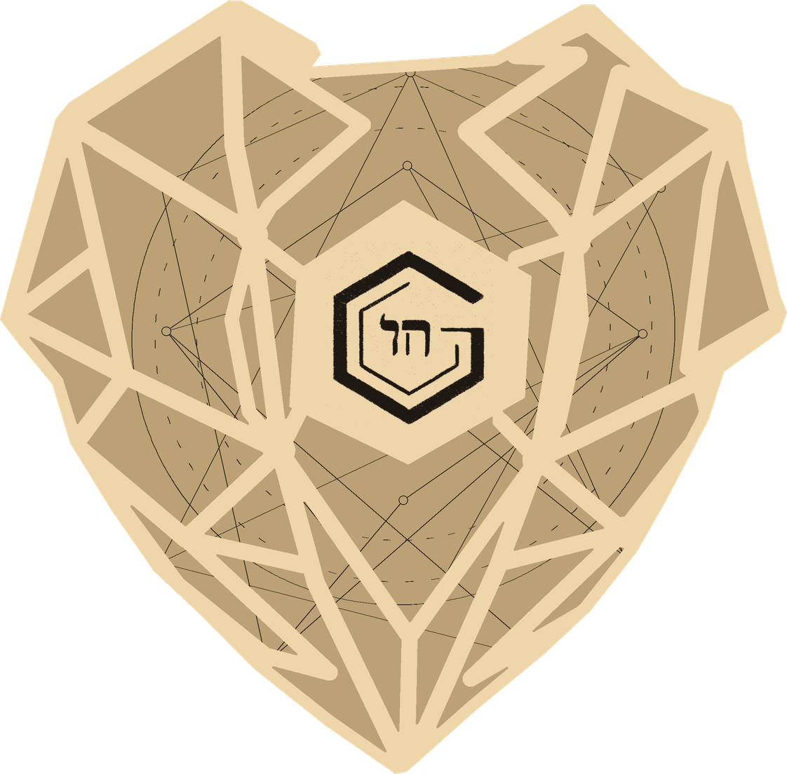 Layered wood magnet design illustration: an open faceted heart around the exact G and Chai mark.