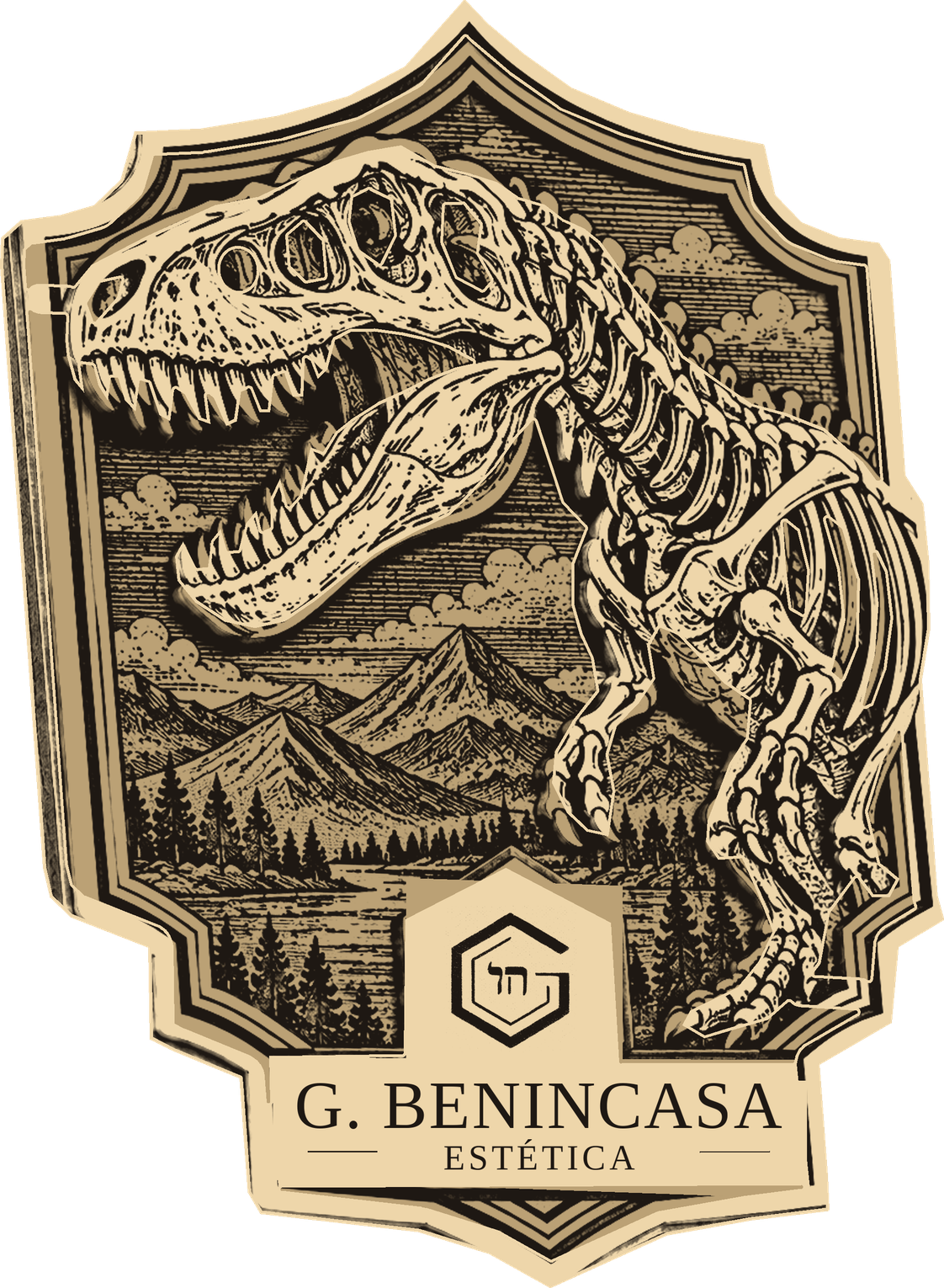 Layered wood magnet design illustration: a dinosaur skeleton against an imagined mountain landscape, with the exact G and Chai mark.