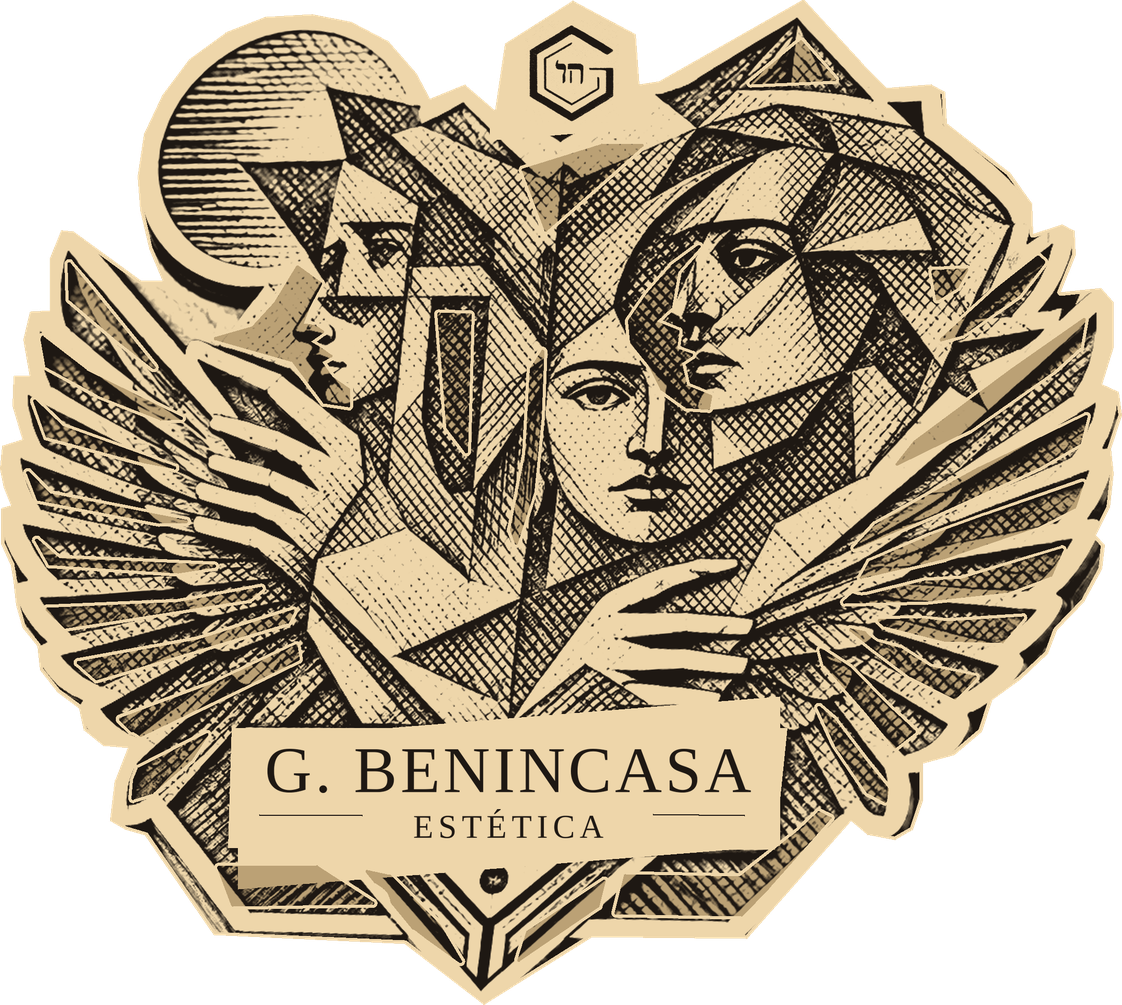 Layered wood magnet design illustration: geometric faces, hands and wings with the exact G and Chai mark.