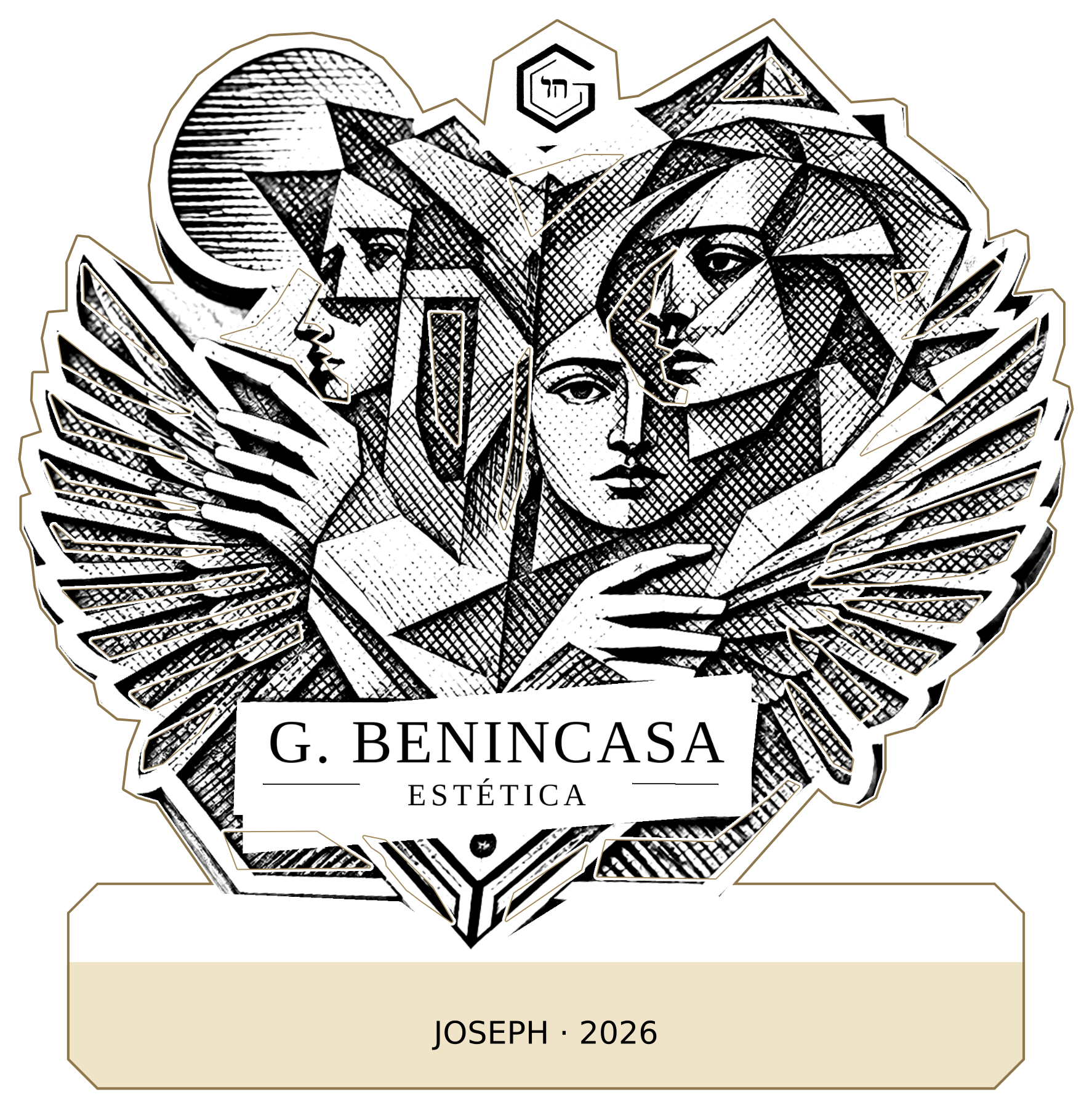 Peace / Wings: extended design with an integrated lower name panel, showing the example JOSEPH · 2026.