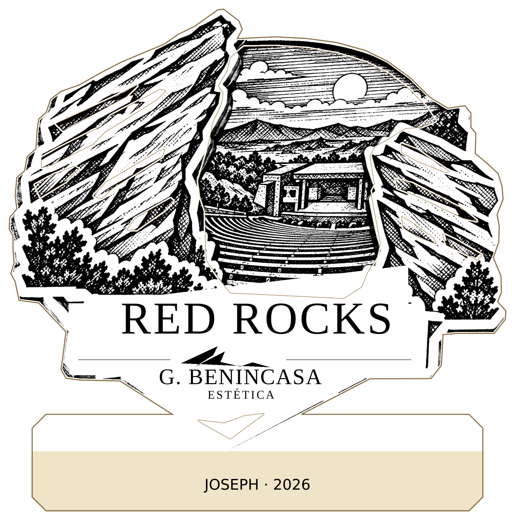 Red Rocks: extended design with an integrated lower name panel, showing the example JOSEPH · 2026.