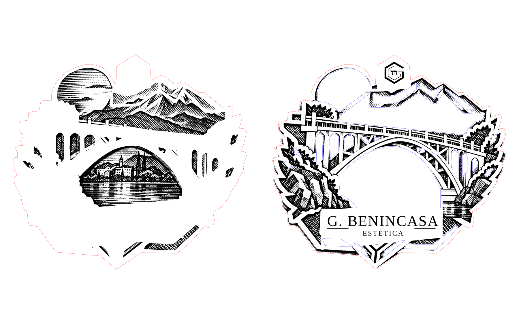 Bridge study: separate front and back components of one original magnet, shown as a native layer diagram.