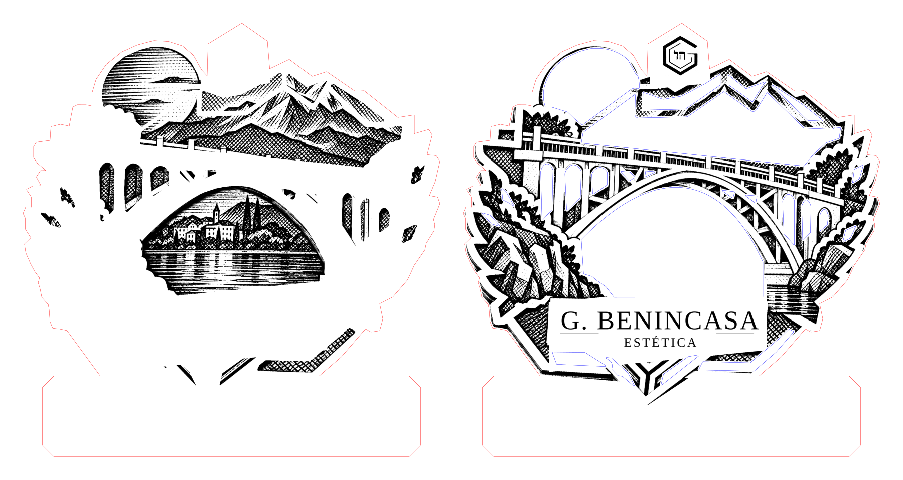 Bridge study: two separate blank components with the dedicated lower personalization panel; these form one personalized magnet.