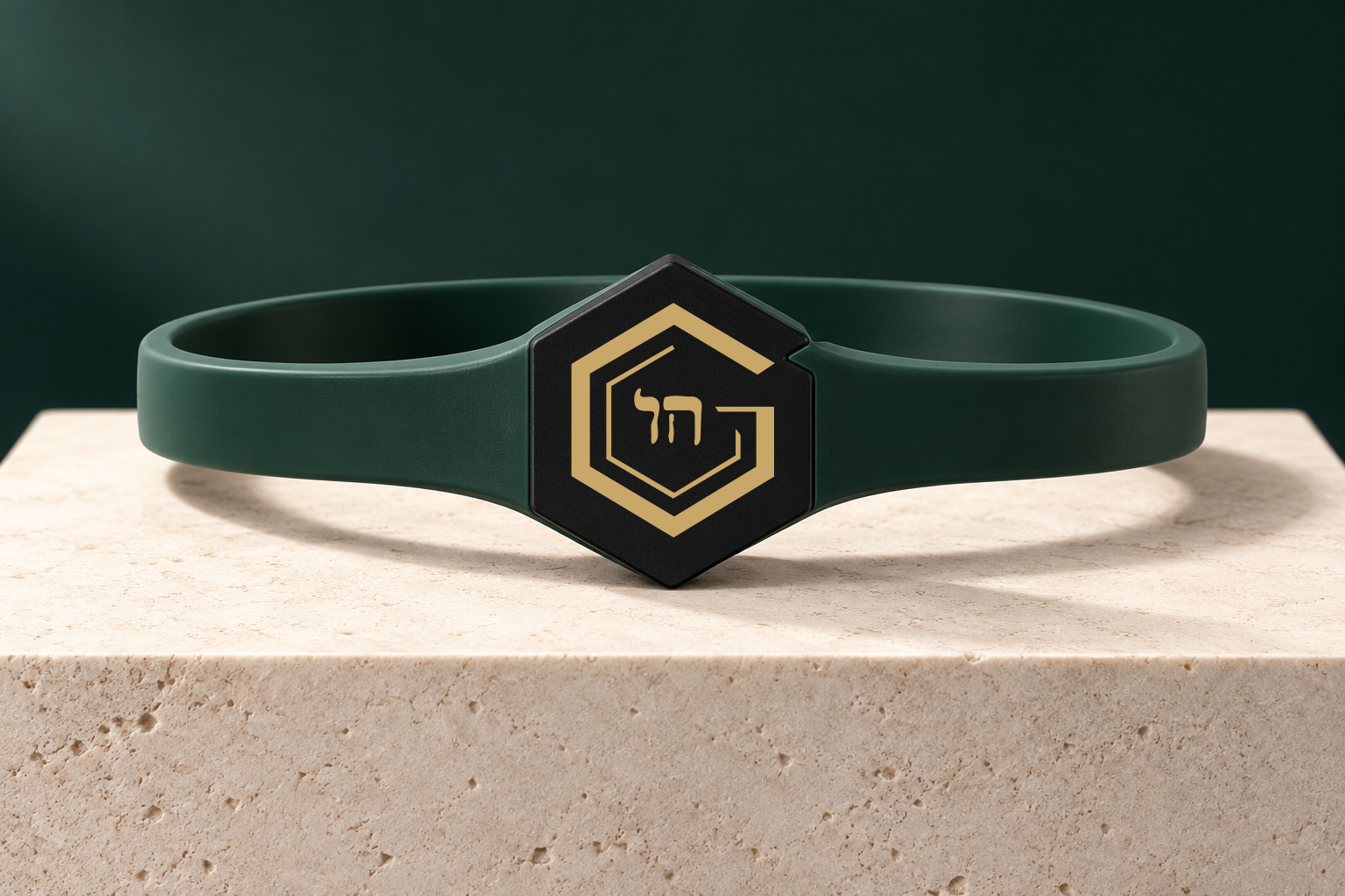 Product concept of the Sustain wristband, with a slim green band and black geometric crest.