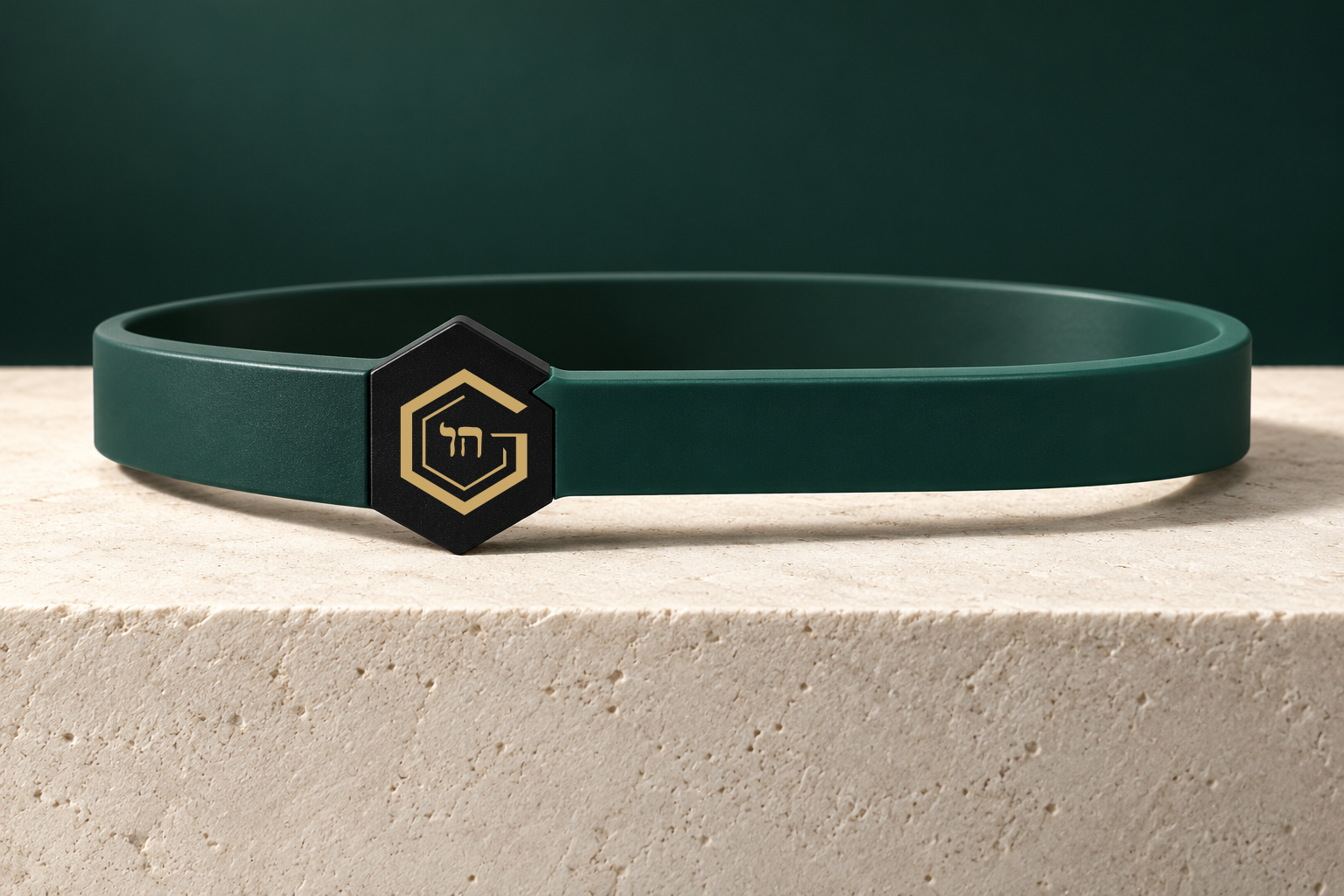 Product concept of the Reconsider wristband, with a green band and offset black signature crest.