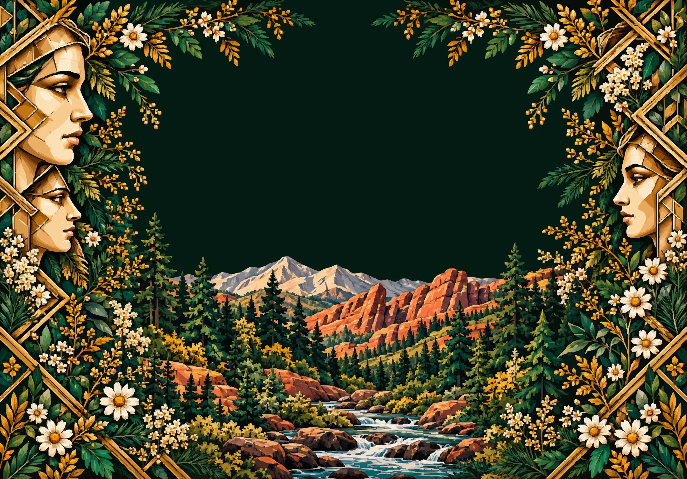 El Mercado illustration: faceted faces, gold botanical forms, mountains, red stone and a flowing creek.