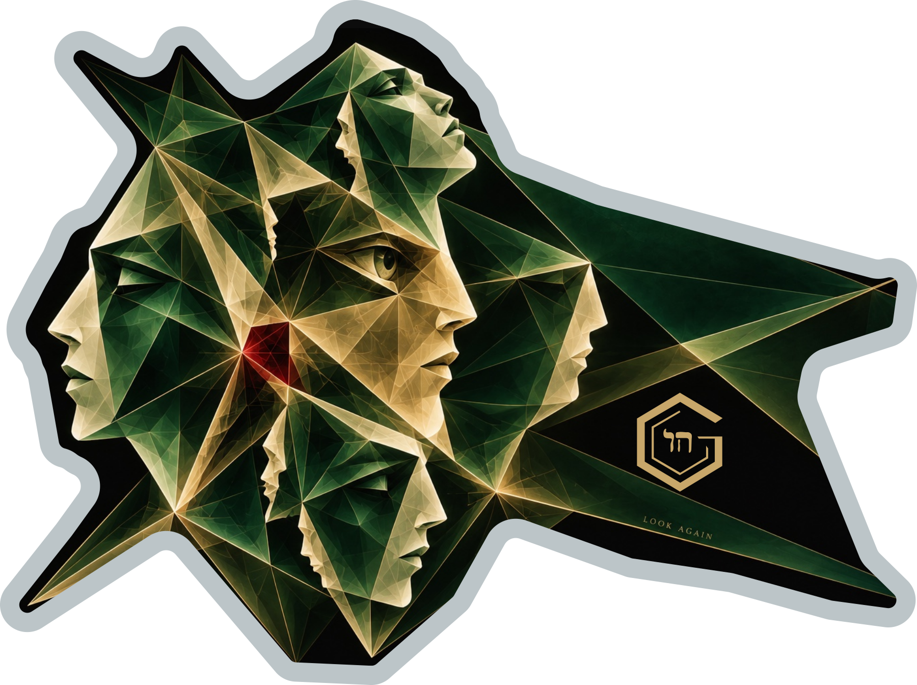 Prism of Identities sticker design: layered green and gold faces in a faceted silhouette.
