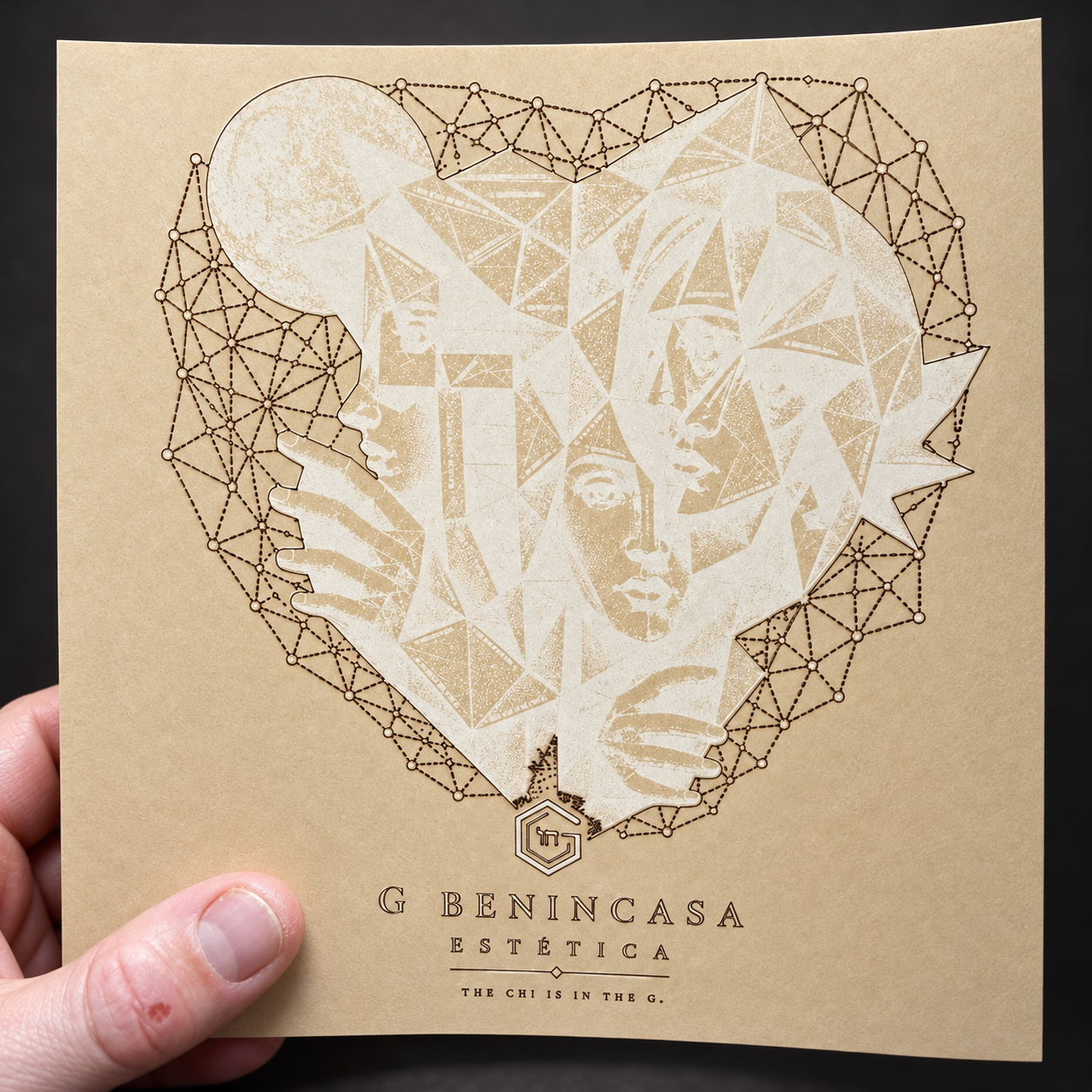 Surface study of faceted faces, geometric heart network and the G Benincasa wordmark.