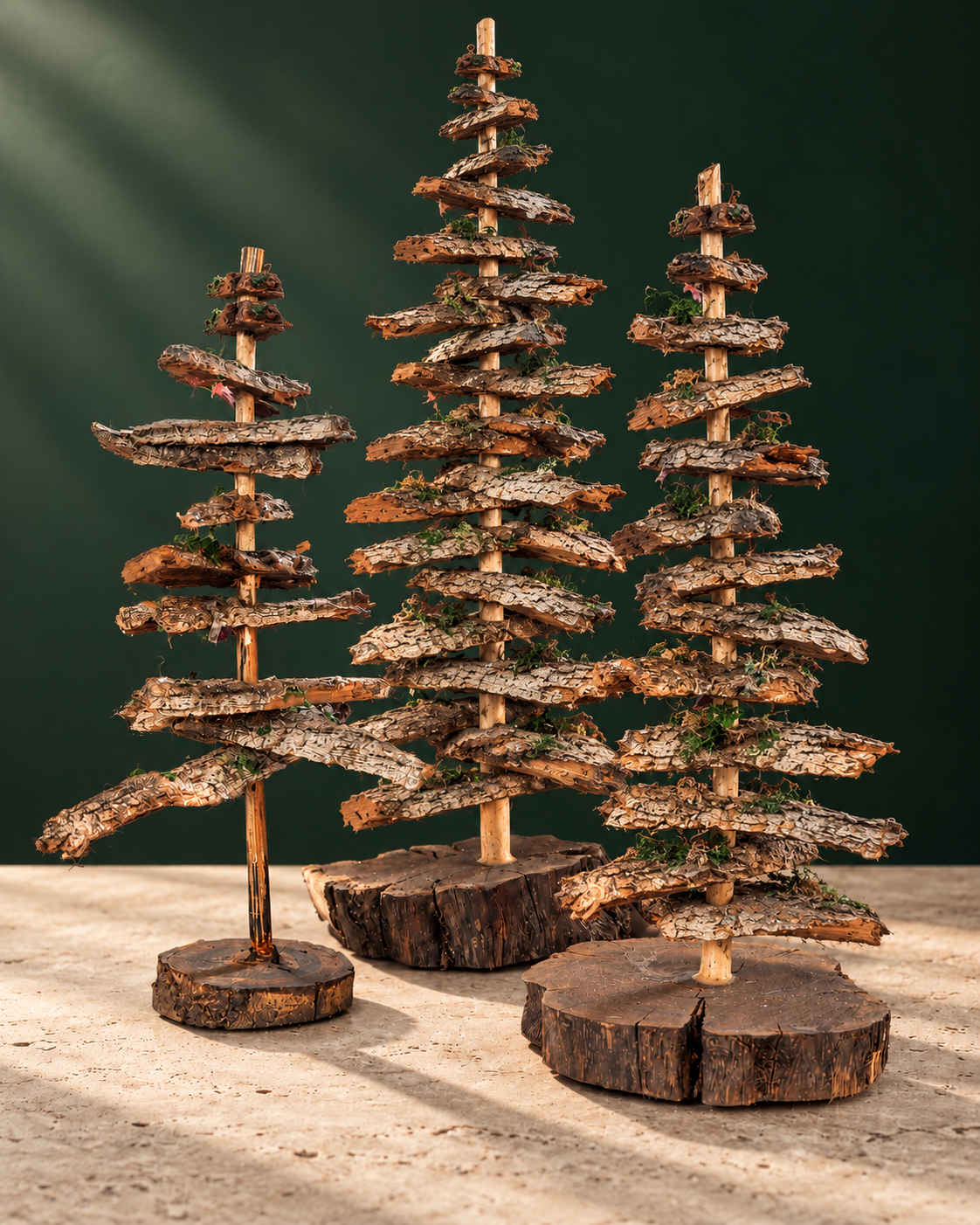 Woodland Winter completion study: three sculptural bark trees on individual wood-round bases against a deep green background.