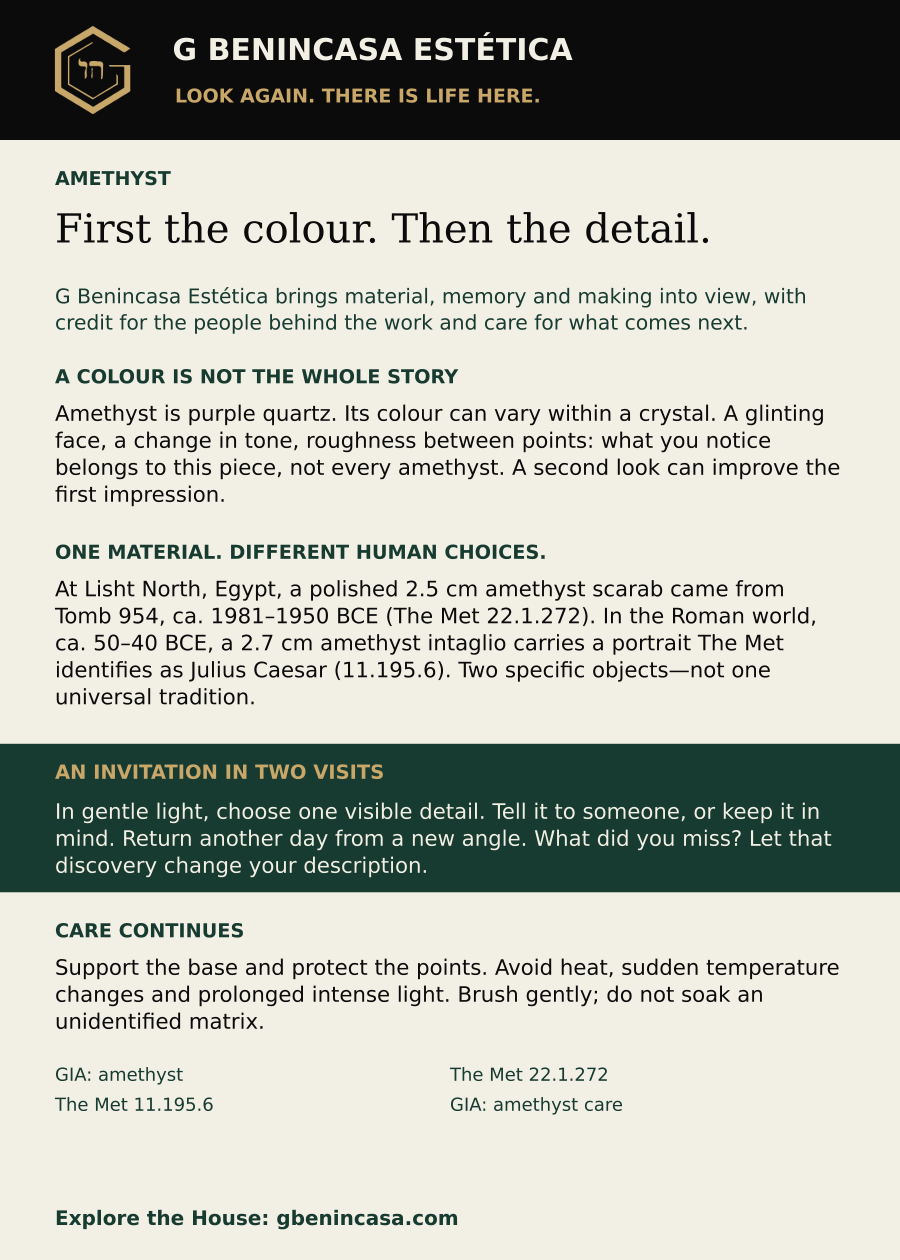 Amethyst companion-card back with material facts, distinct historical examples, an everyday invitation, care guidance and source credits. The same English text is supplied below.