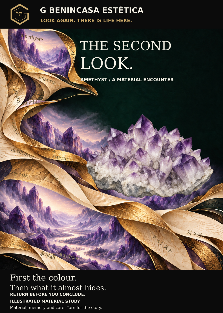 Amethyst companion-card front. The second look. Purple crystal forms and landscape-like ribbons in an imagined mineral world. Interpretive artwork, not a photograph of stock.