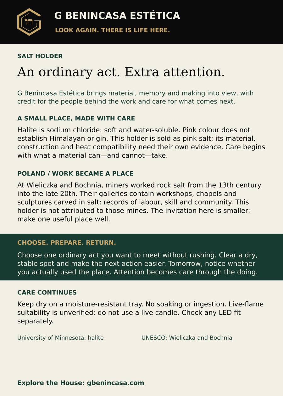 Salt holder companion-card back with material facts, distinct historical examples, an everyday invitation, care guidance and source credits. The same English text is supplied below.