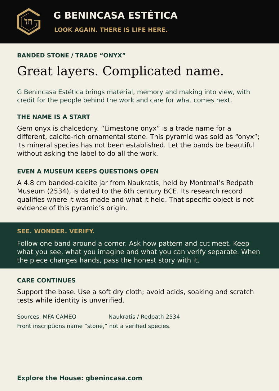 Banded stone / trade “onyx” companion-card back with material facts, distinct historical examples, an everyday invitation, care guidance and source credits. The same English text is supplied below.