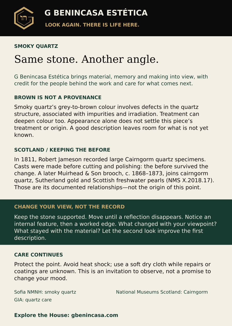 Smoky quartz companion-card back with material facts, distinct historical examples, an everyday invitation, care guidance and source credits. The same English text is supplied below.