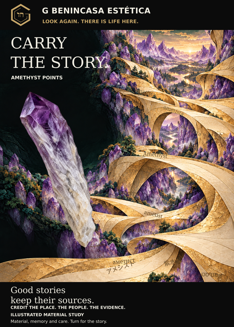 Amethyst points / seller-described Bahia type companion-card front. Carry the story. Purple crystal points and landscapes arranged along flowing gold ribbons. Interpretive artwork, not a photograph of stock.