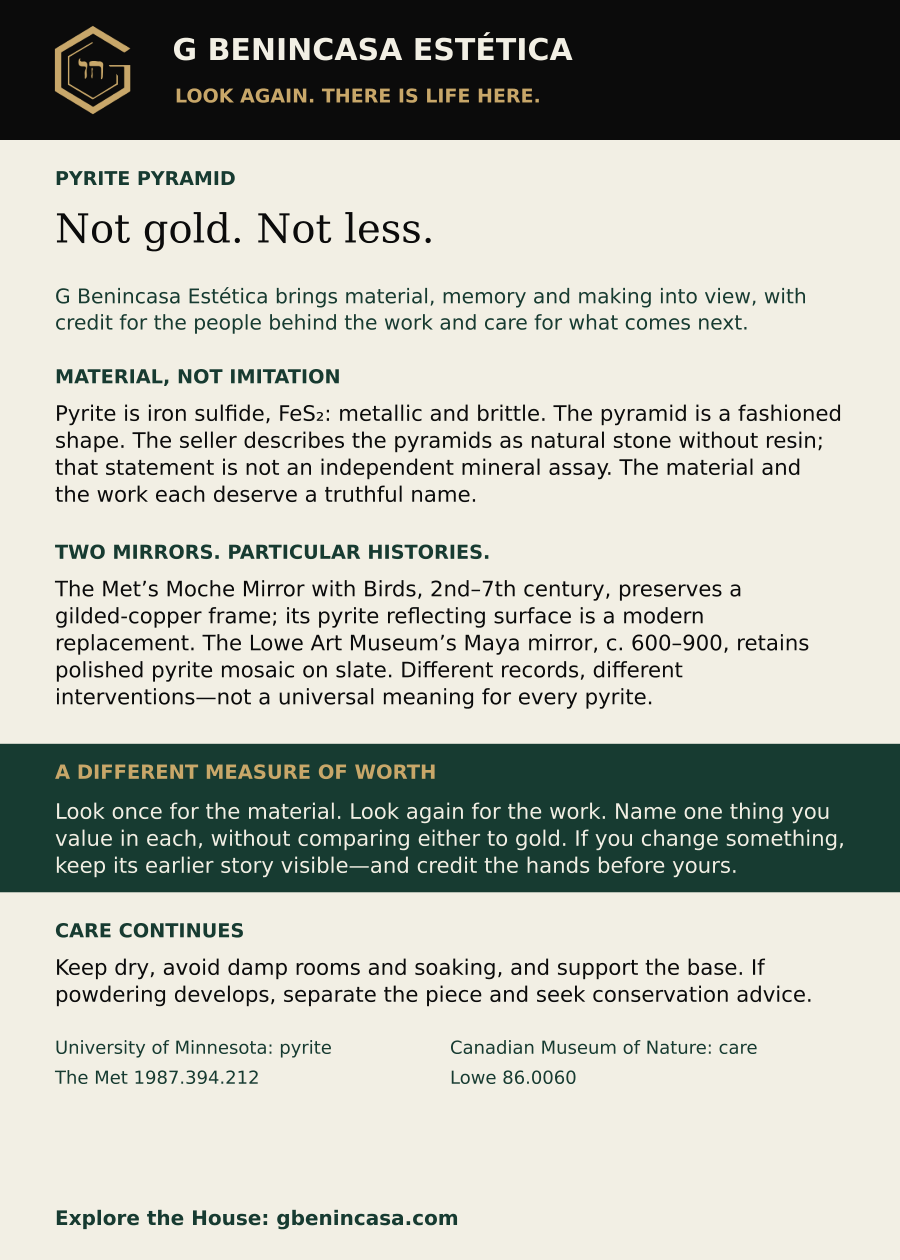 Pyrite pyramid companion-card back with material facts, distinct historical examples, an everyday invitation, care guidance and source credits. The same English text is supplied below.