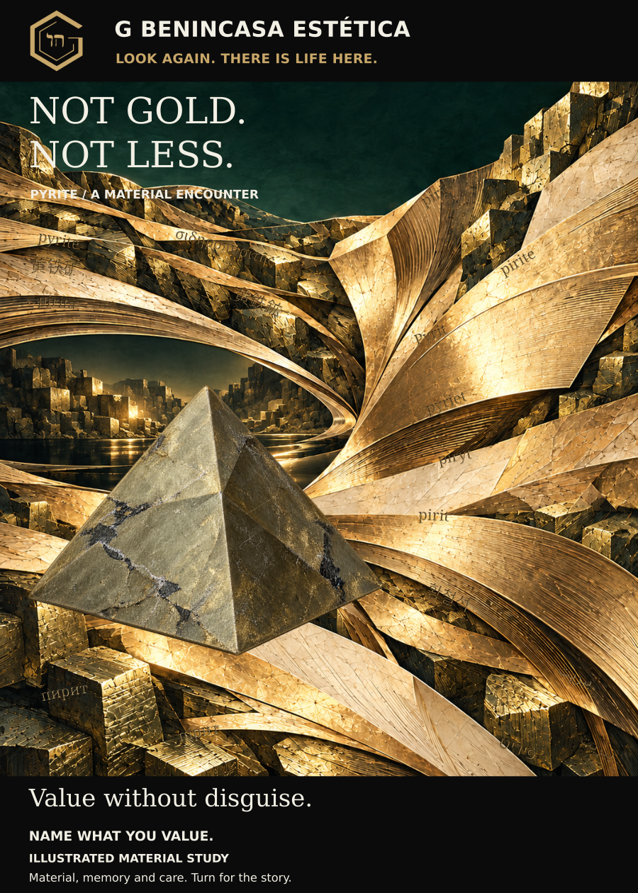 Pyrite pyramid companion-card front. Not gold. Not less. A pyrite-like pyramid among stepped metallic-looking landscapes and gold ribbons. Interpretive artwork, not a photograph of stock.