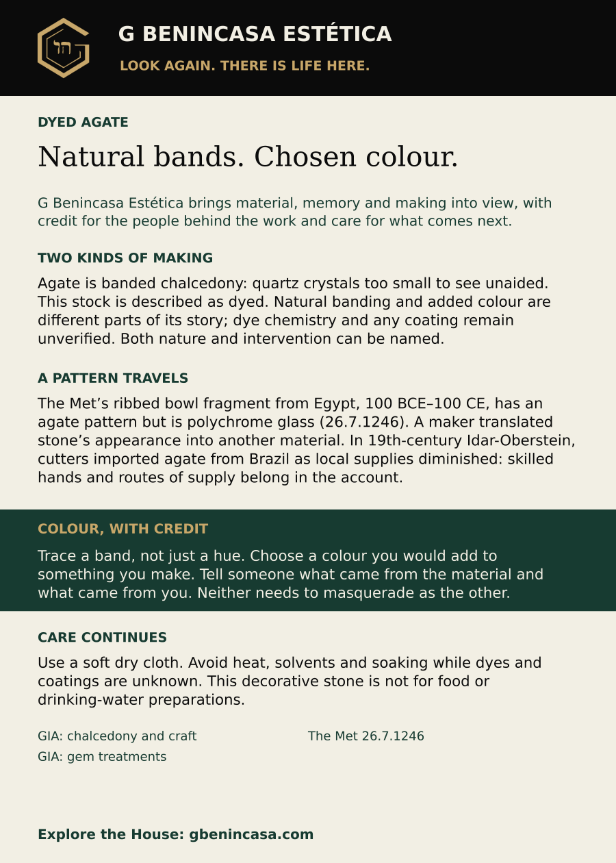 Dyed agate companion-card back with material facts, distinct historical examples, an everyday invitation, care guidance and source credits. The same English text is supplied below.