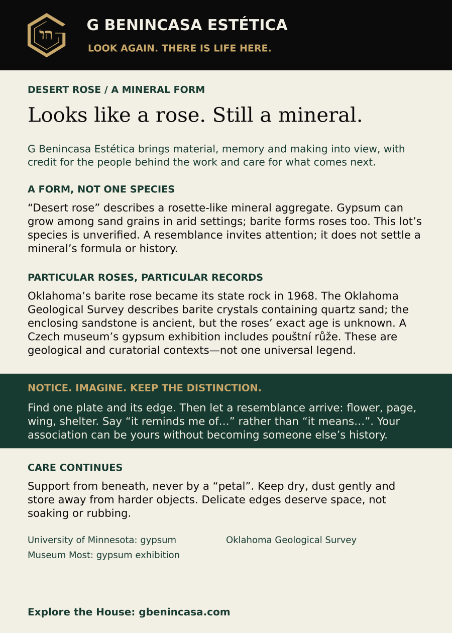 Desert rose / a mineral form companion-card back with material facts, distinct historical examples, an everyday invitation, care guidance and source credits. The same English text is supplied below.