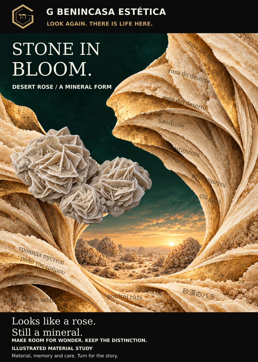 Desert rose / a mineral form companion-card front. Stone in bloom. A rosette-like mineral form within warm desert-like ribbons. Interpretive artwork, not a photograph of stock.