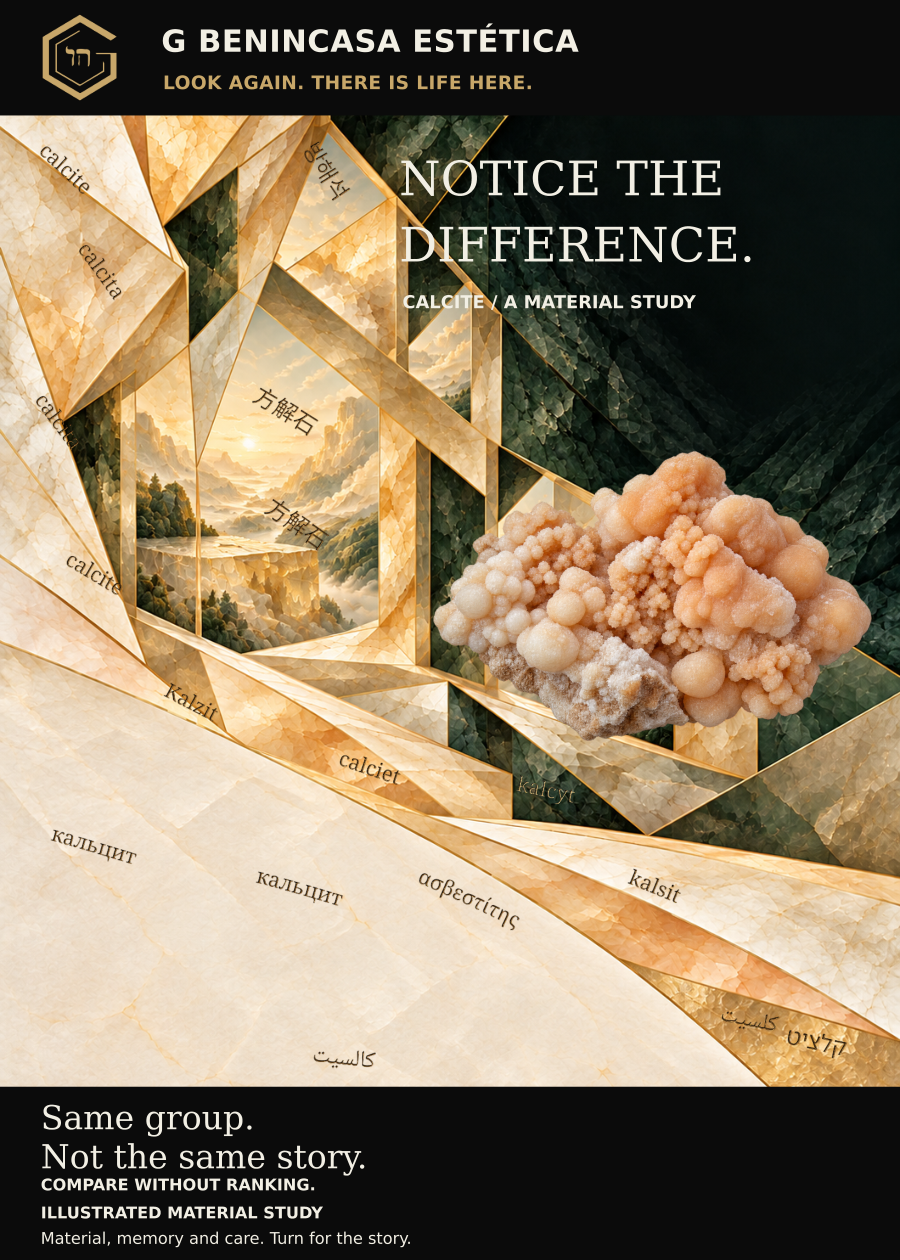 Calcite / a material study companion-card front. Notice the difference. A pale orange calcite-like cluster within faceted cream and gold ribbons. Interpretive artwork, not a photograph of stock.