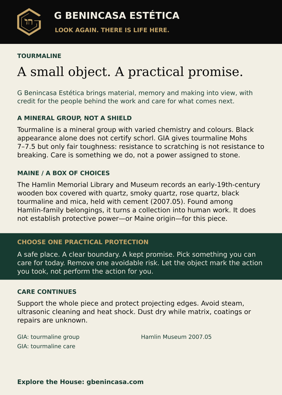 Tourmaline companion-card back with material facts, distinct historical examples, an everyday invitation, care guidance and source credits. The same English text is supplied below.
