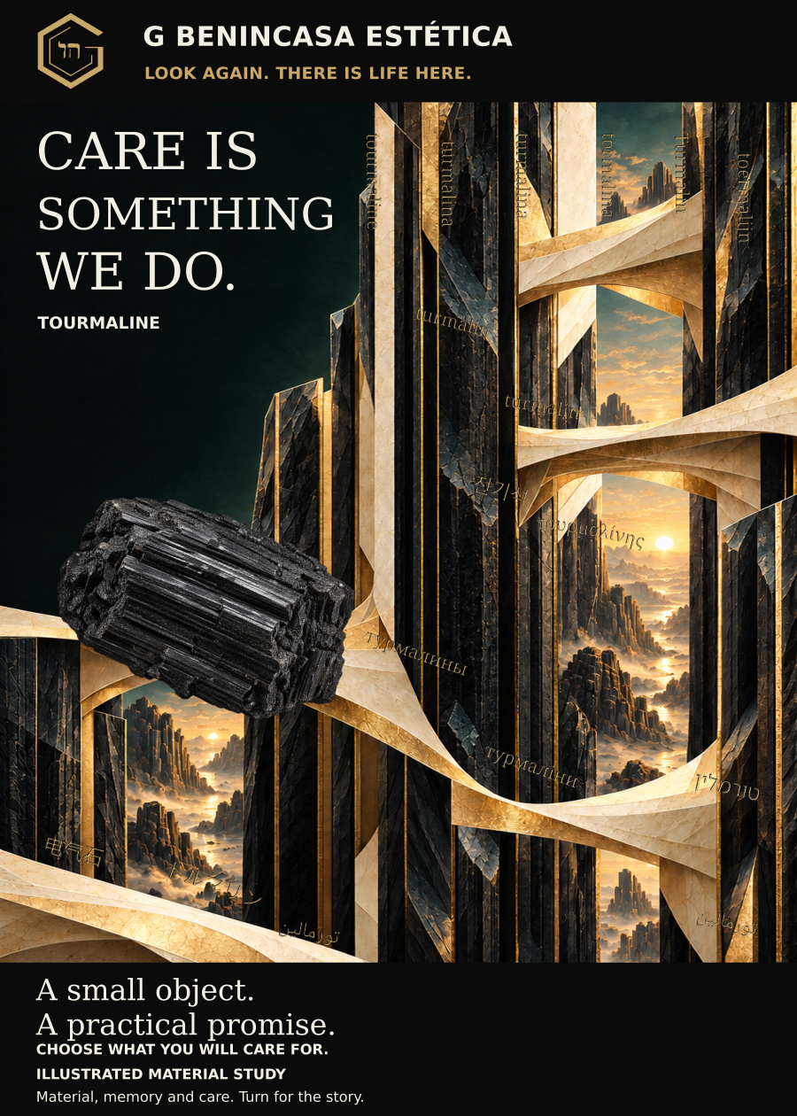 Tourmaline companion-card front. Care is something we do. A black tourmaline-like rough form amid dark vertical architectural ribbons. Interpretive artwork, not a photograph of stock.