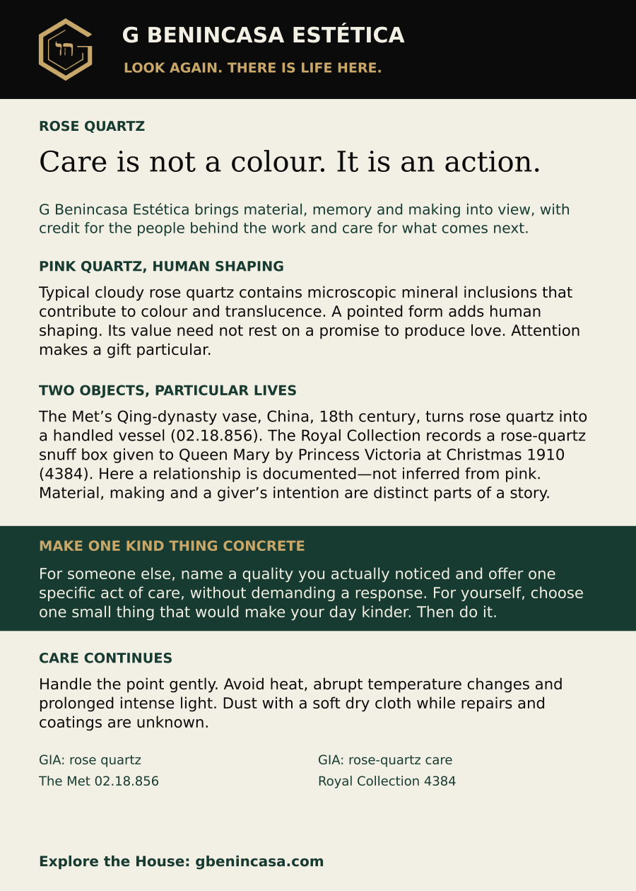 Rose quartz companion-card back with material facts, distinct historical examples, an everyday invitation, care guidance and source credits. The same English text is supplied below.