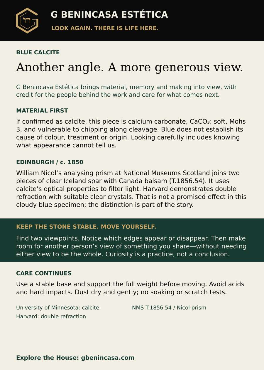 Blue calcite companion-card back with material facts, distinct historical examples, an everyday invitation, care guidance and source credits. The same English text is supplied below.