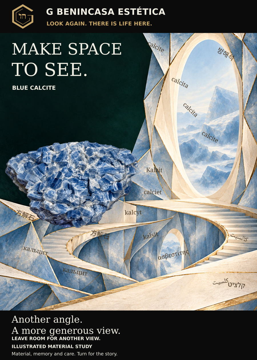 Blue calcite companion-card front. Make space to see. A blue calcite-like rough form amid pale blue window-like ribbons. Interpretive artwork, not a photograph of stock.