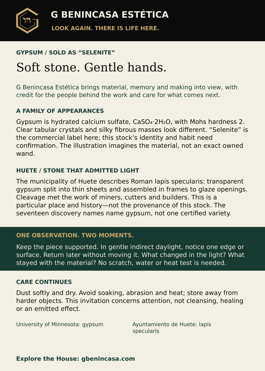 Gypsum / sold as “selenite” companion-card back with material facts, distinct historical examples, an everyday invitation, care guidance and source credits. The same English text is supplied below.