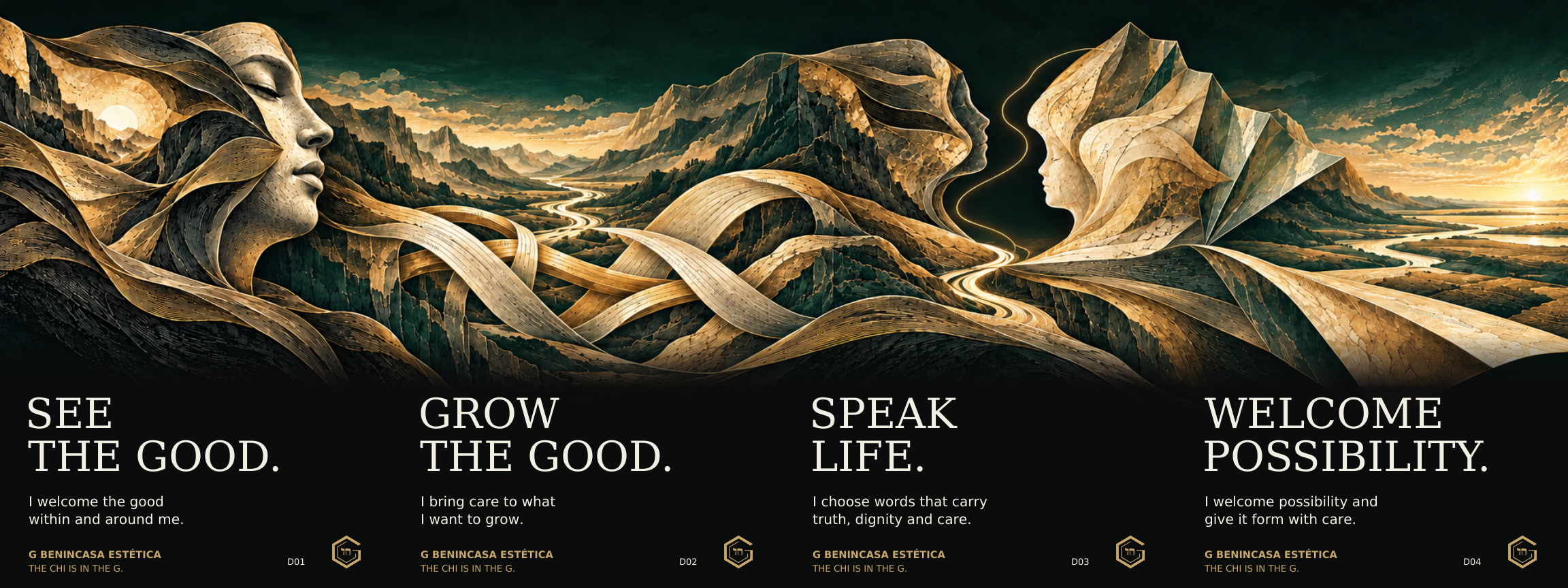 Four connected card artworks in order: a profile opening onto light; interwoven strands and a river valley; two profiles facing across a lit interval; and unfolding facets beside a sunlit landscape.