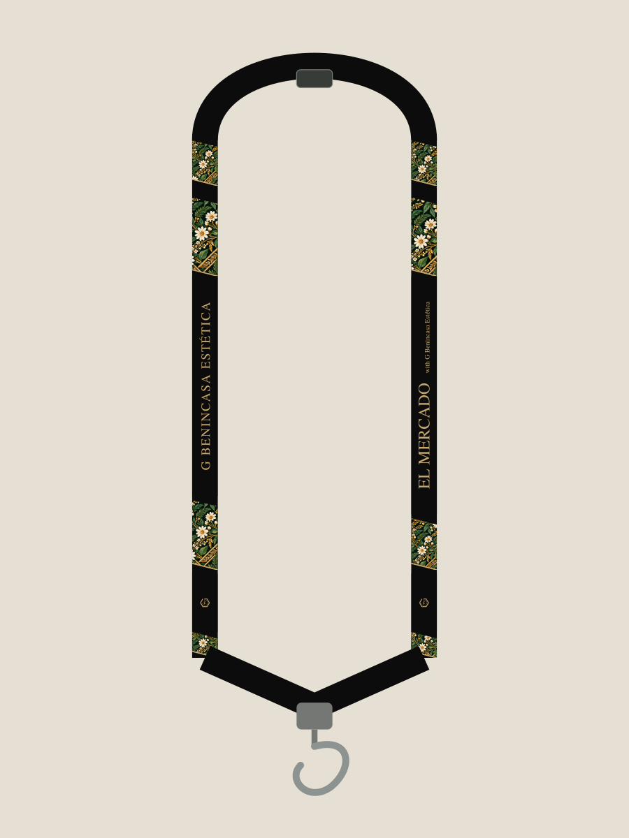 Botanical Voltage lanyard design study, reverse-side pattern shown in a schematic assembly with G Benincasa Estética and El Mercado names