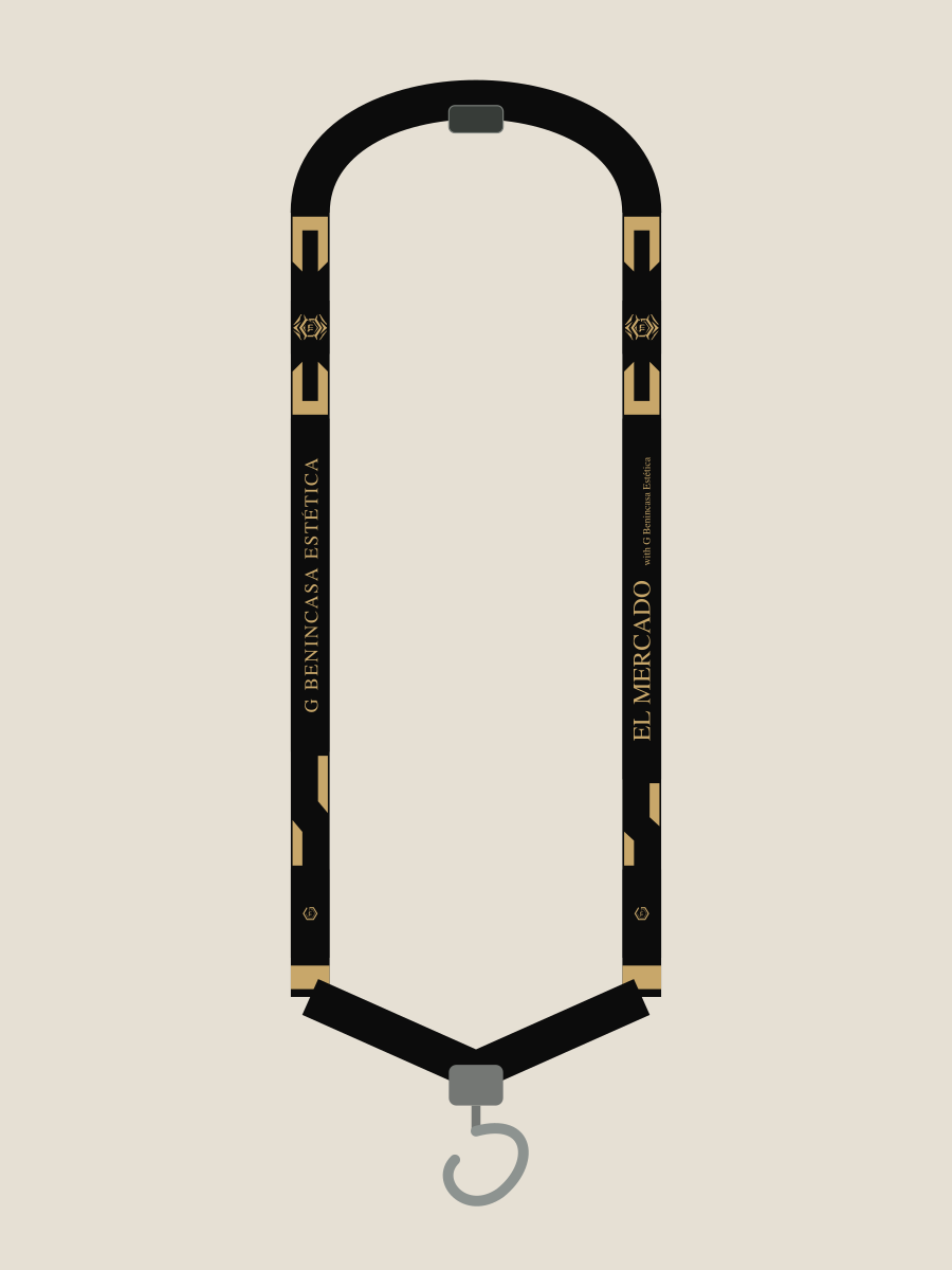 Chai Axis lanyard design study, reverse-side pattern shown in a schematic assembly with G Benincasa Estética and El Mercado names
