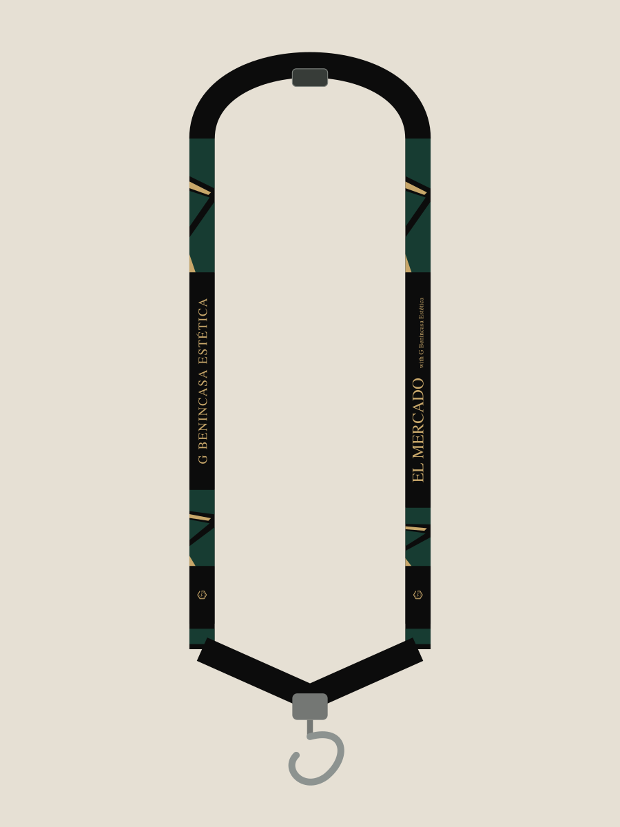 Facet Field lanyard design study, reverse-side pattern shown in a schematic assembly with G Benincasa Estética and El Mercado names