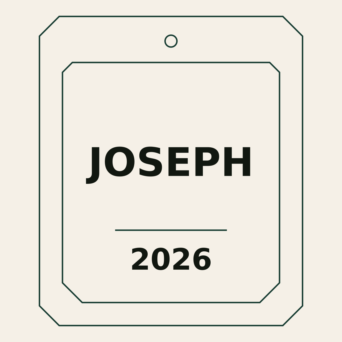Geometric ornament design with a hanging hole, framed border and JOSEPH 2026 example.