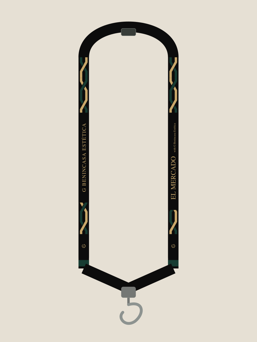 Interlock lanyard design study, reverse-side pattern shown in a schematic assembly with G Benincasa Estética and El Mercado names