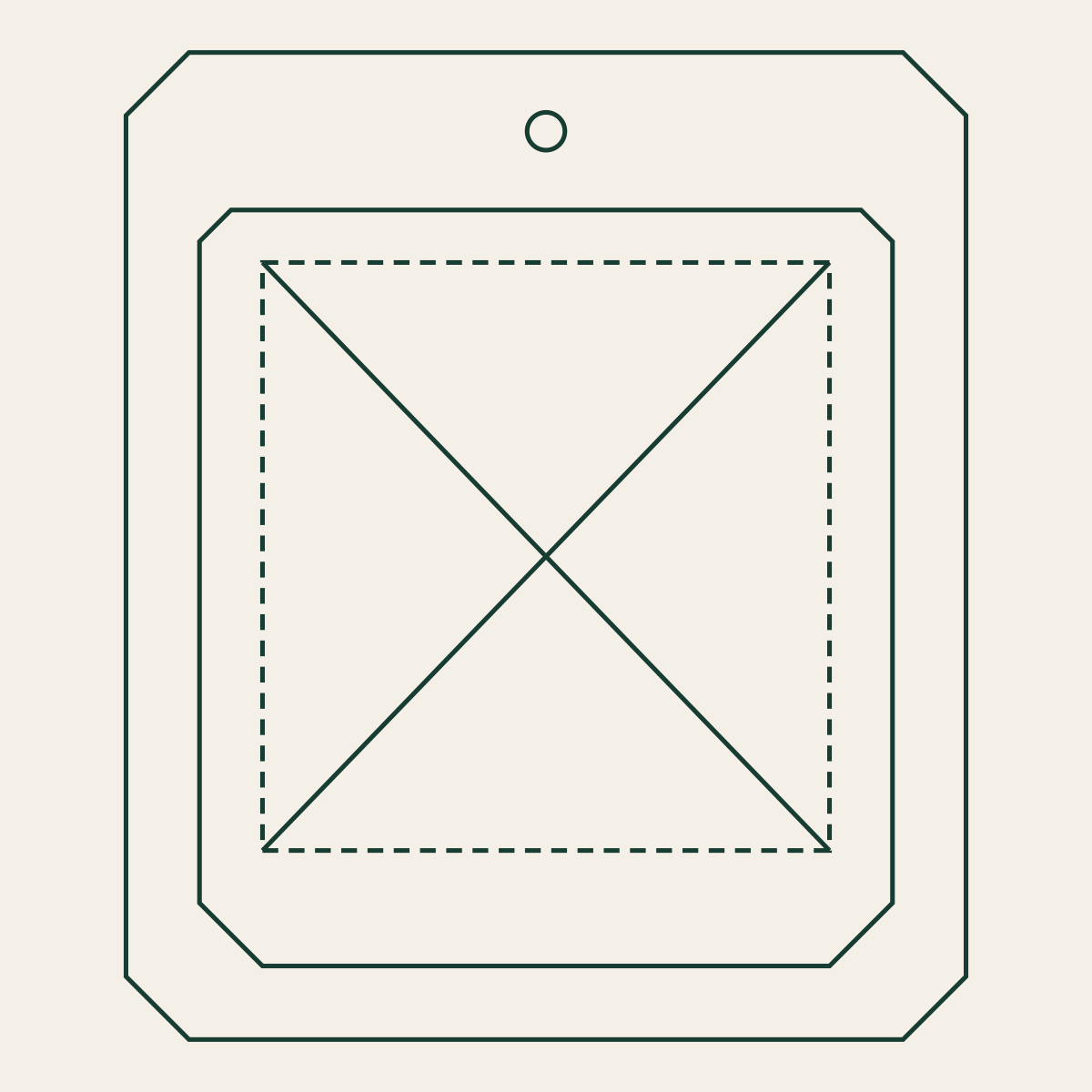 Geometric photo ornament outline with hanging hole and a marked photo-placement area.