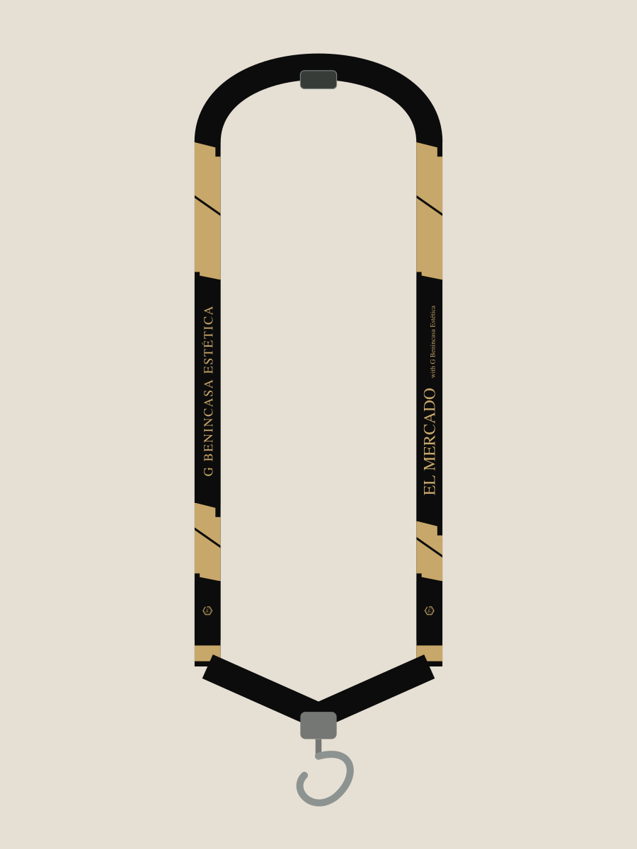Tectonic lanyard design study, reverse-side pattern shown in a schematic assembly with G Benincasa Estética and El Mercado names