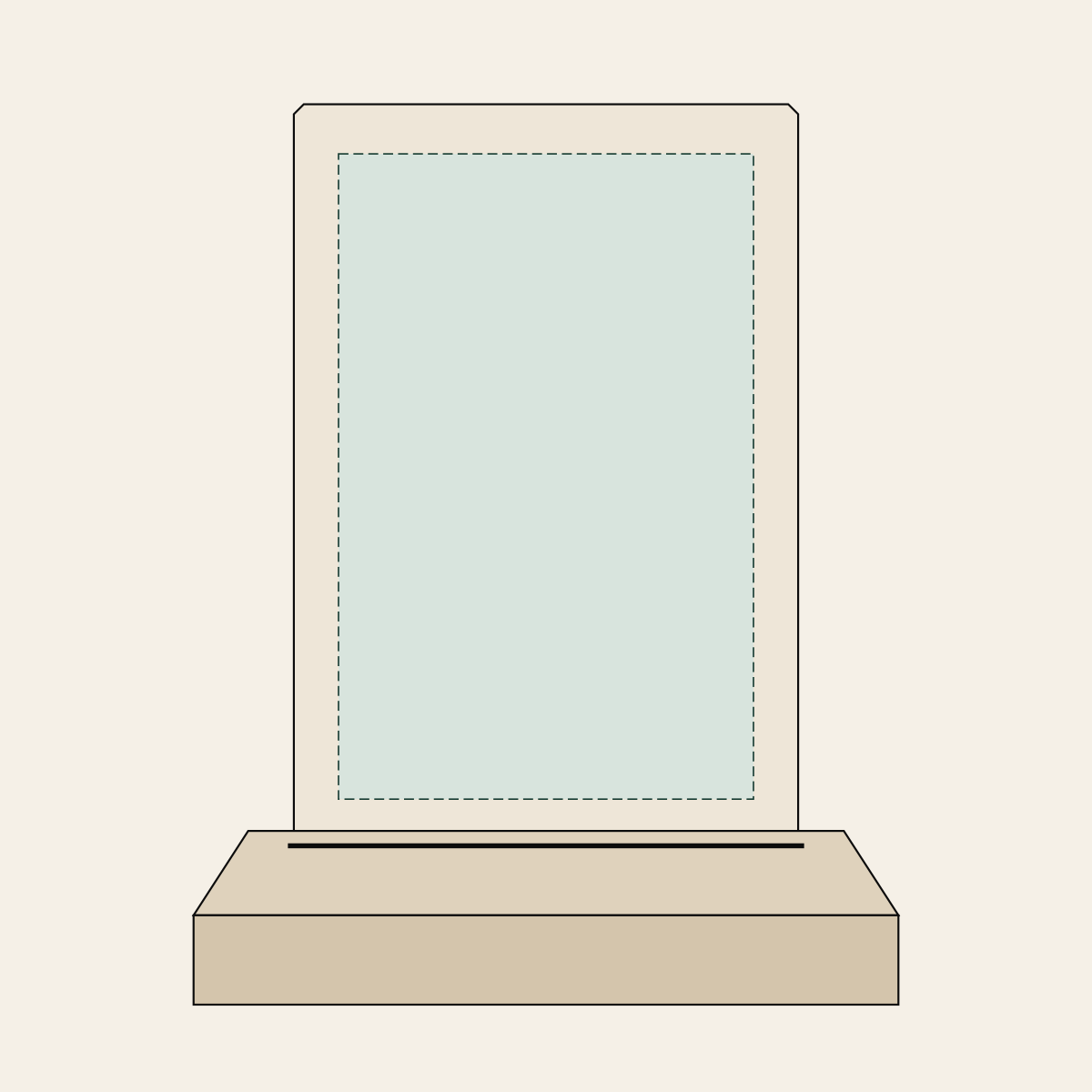 Drawing of a portrait-oriented panel with a blank photo area and a proposed slot stand.