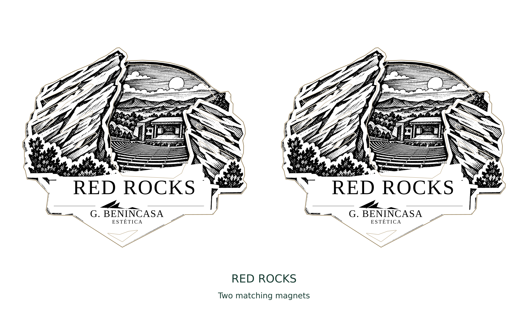 Two identical complete Red Rocks magnet designs, arranged side by side as a native artwork illustration.