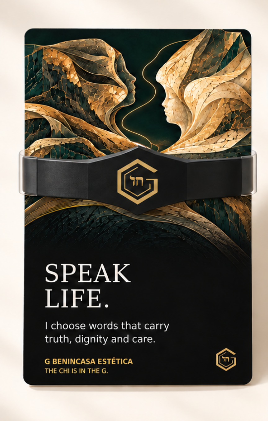 Retail presentation concept for Speak Life: one wristband held across its matching companion card by a retainer.