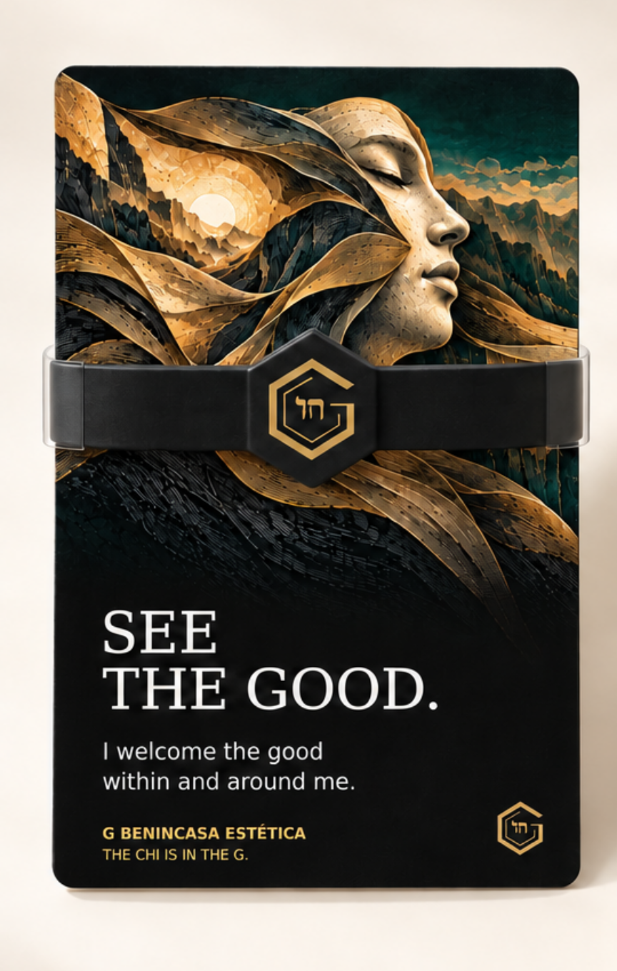 Retail presentation concept for See the Good: one wristband held across its matching companion card by a retainer.