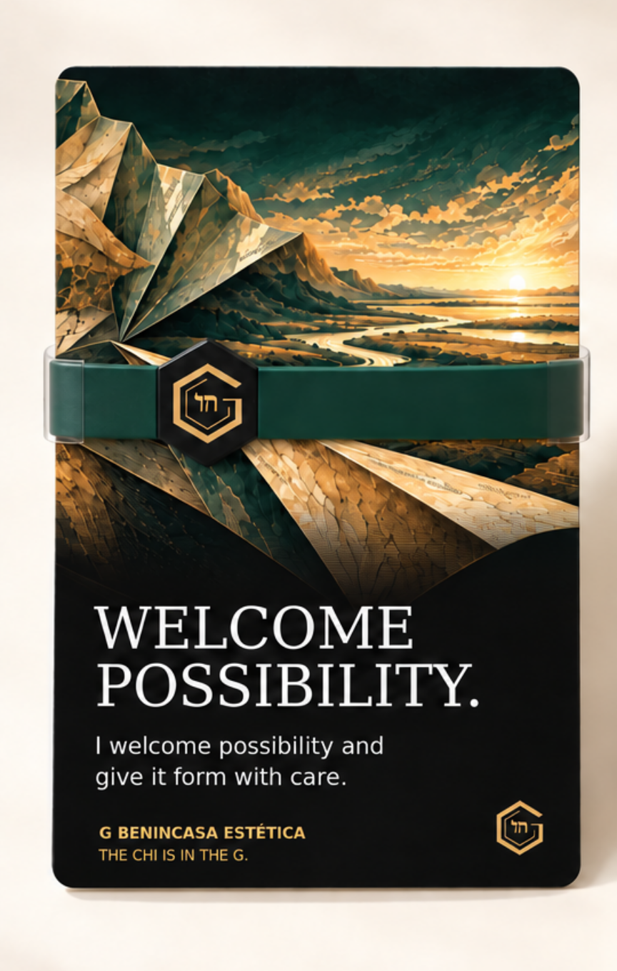 Retail presentation concept for Welcome Possibility: one wristband held across its matching companion card by a retainer.